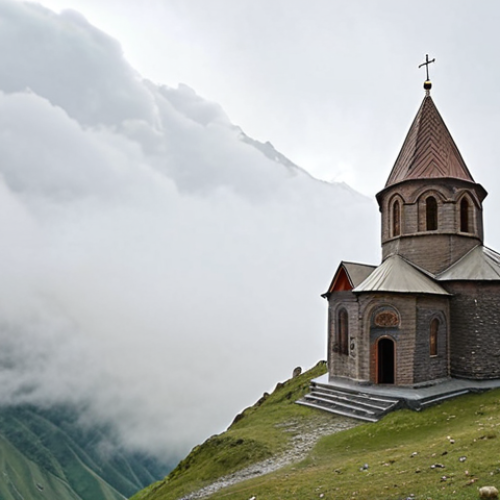 Home 4 **Gergeti Trinity Church, Kazbegi, Georgia. A small church perched high on a mountain, partially obscured by clouds. Misty atmosphere, peaceful and serene. Capture the feeling of praying above the clouds.**