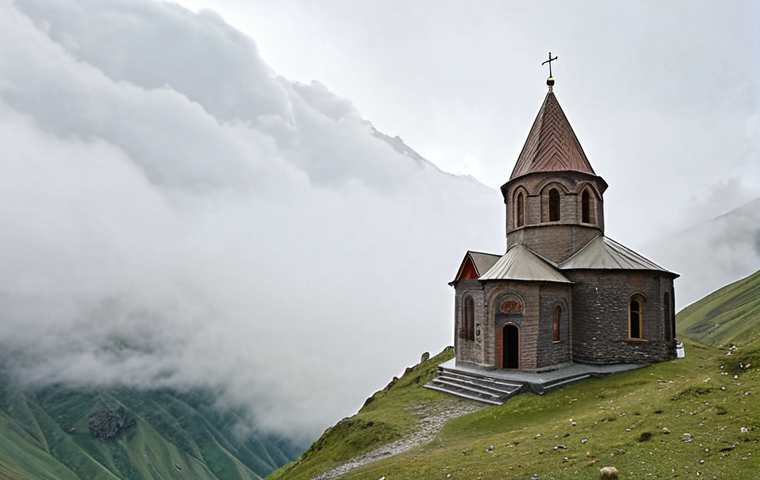 **Gergeti Trinity Church, Kazbegi, Georgia. A small church perched high on a mountain, partially obscured by clouds. Misty atmosphere, peaceful and serene. Capture the feeling of praying above the clouds.**